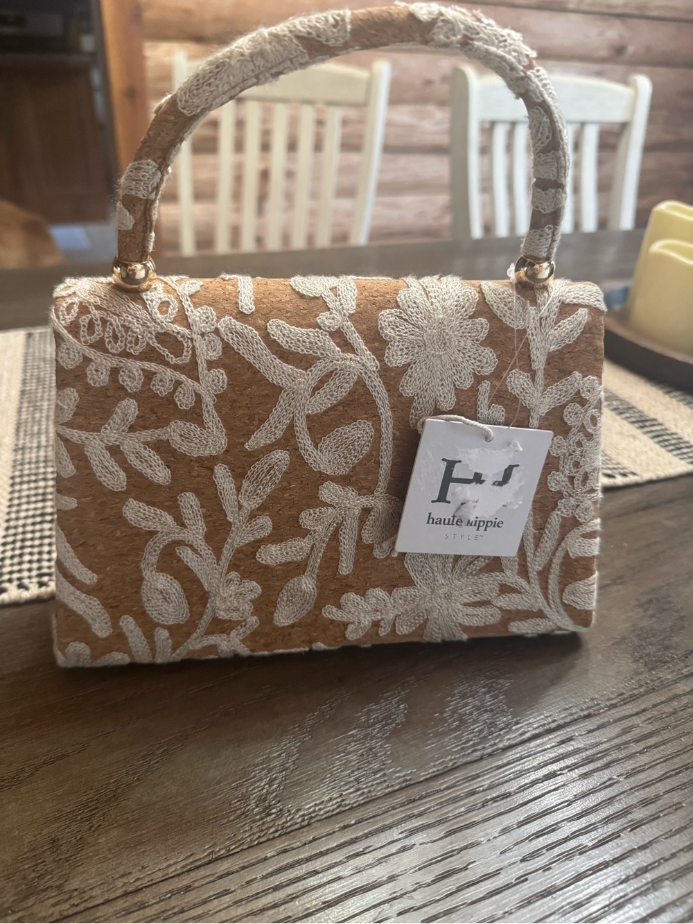 Haute Hippie Tan and Cream Embroidered Top-Handle Mini Bag - Picture 5 of 7
